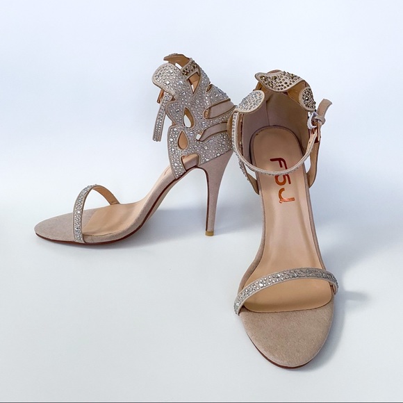 FSJ Champagne Wedding Shoes Rhinestone Heels - Picture 9 of 10